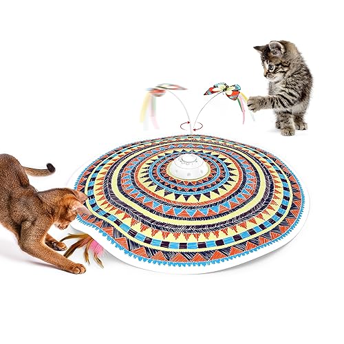 Potaroma Cat Toys Chargeable, 3in1 Hide and Seek, Automatic Interactive Fun, Fluttering Butterfly, Moving Feather, Kitten Wand, Indoor Kitty Exercise Kicker 22.8 Inch Cover for All Breeds - Vibrant Bohemian