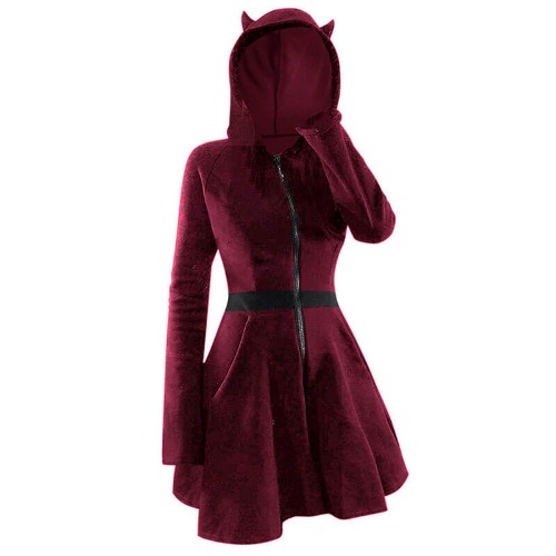 Gothic Black Devil Horn Hooded Dress - Red / S (Bust 96 cm)