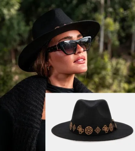 Black Aggie Logo Fedora Brim Hat - Guess