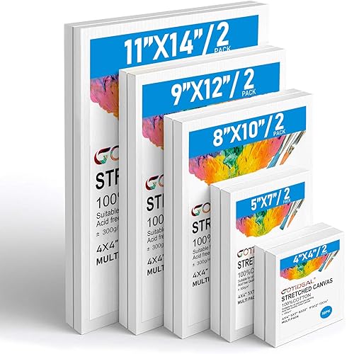 GOTIDEAL Stretched Canvas, Multi Pack 4x4, 5x7, 8x10,9x12, 11x14 Set of 10, Primed White - 100% Cotton Artist Canvas Boards for Painting, Acrylic Pouring, Oil Paint Dry & Wet Art Media - White - Multi Size-10 Pcs