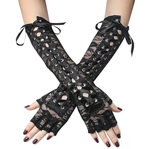 BABEYOND Lace Up Fingerless Gloves Long Elbow 1920s Gloves for Costume Tea Party Lace-up Arm Warmer