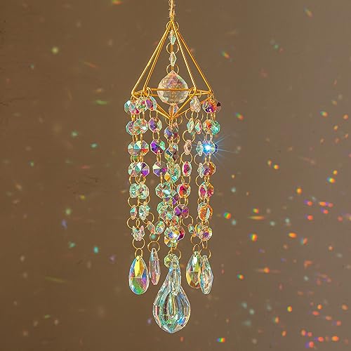 HDCRYSTALGIFTS Crystal Suncatchers for Window Hanging Wind Chime Style Garden Sun Catchers with Crystals Rainbow Maker Indoor Outdoor Decor Handmade Gold Plated Suncatcher