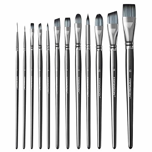 Transon Artist Paint Brush Set of 12 for Watercolor Acrylic Gouache Oil and Tempera Painting - Grey 12PCS