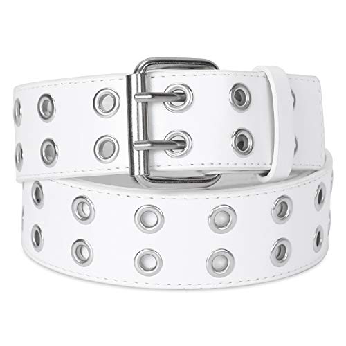 SANSTHS Double Grommet PU Leather Belt for Women Men Punk Rock Metal Jeans Belts 1 1/2 inch - C-belt+choker+bracelet - M: Fits Waist 35-41"