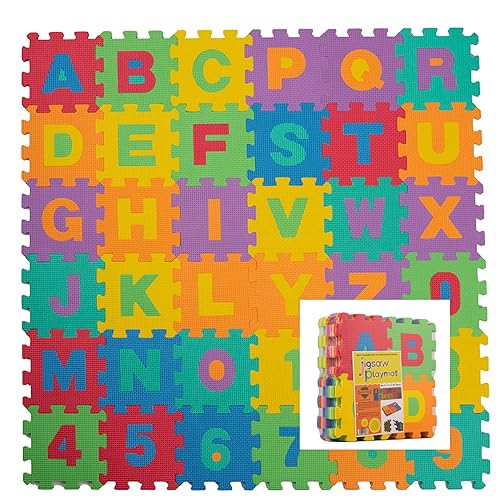ADEPTNA 36 PCS MULTI-COLOURED SOFT EVA FOAM JIGSAW PLAY MAT LETTERS AND NUMBERS - ALPHABET FLOOR MAT FOR KIDS PLAY ROOM - EACH TILE MEASURES 17CM X 17CM X 1CM