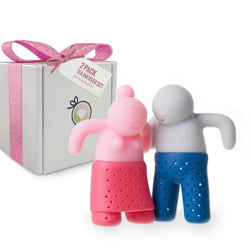 Cute tea infuser gift set for loose-leaf tea, a small funny gift for tea lovers and couples, silicone tea steepers in a set of two, tea strainers in pink and blue/grey - Couple