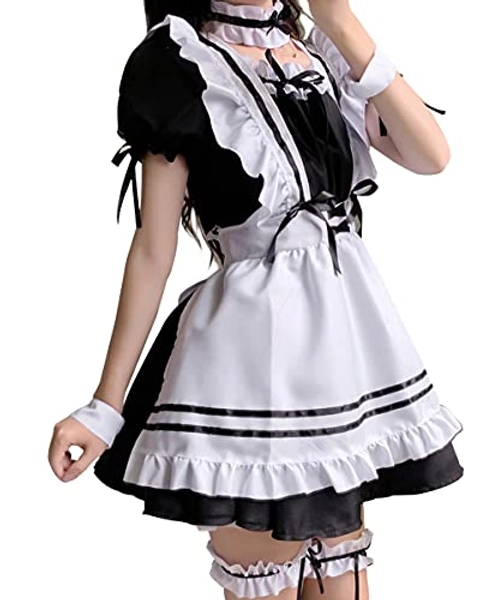 Aurueda Anime French Maid Dress Niedliche Maid Cosplay Kleid für Halloween Maid Kostüm Outfit Set Schwarz, Größe M