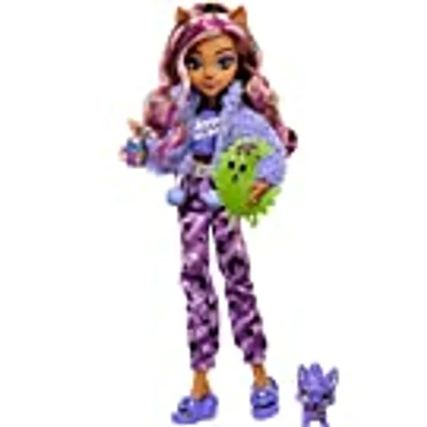 Monster High Doll and Sleepover Accessories, Clawdeen Wolf Doll with Pet Cat Crescent, Creepover Party