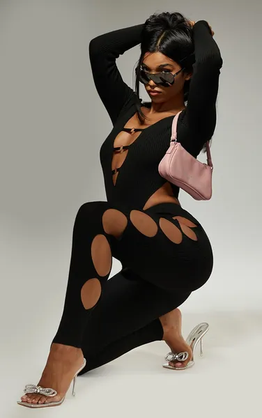 Black Cut Out Rib Knit Leggings