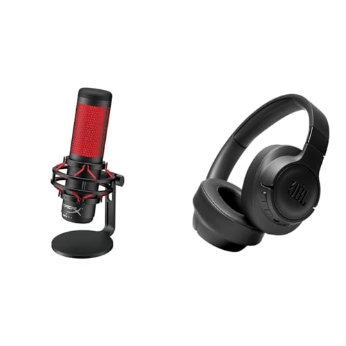 HyperX QuadCast - USB Condenser Gaming Microphone & JBL Tune 710BT Wireless Over-Ear - Bluetooth Headphones with Microphone, 50H Battery, Hands-Free Calls, Portable (Black), Medium - Microphone + 710BT Headphones - Red Lighting