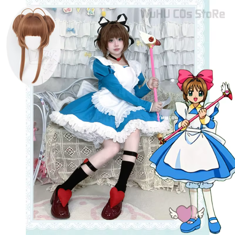 Anime Cardcaptor Sakura Cosplay Costume pour femme, robe bleue de femme de chambre, vêtements de jeu pliés, perruque, fête d'Halloween, Alice, filles - AliExpress 200000532