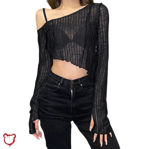 Black Grunge Crop Top - Black / L