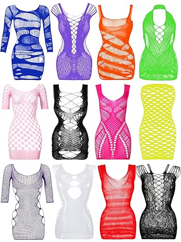 Geyoga 12 Pieces Women's Fishnet Lingerie Mesh Babydoll Bodysuit Lace Smock Lingerie for Women - Fresh Color - Chic Style