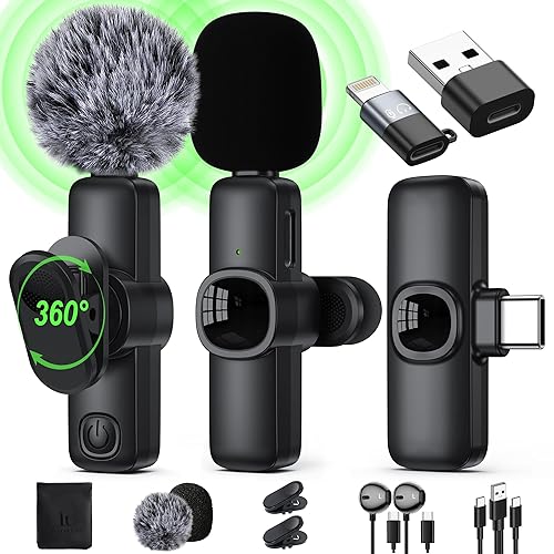 Wireless Lavalier Microphone for iPhone/Android Phone/Laptop/PC, IUMAKEVP 360° Adjustable Clip on Microphone with 100FT Transmission Distance and Noise Cancellation for Vlog, Interview, TikTok (2 Mic)