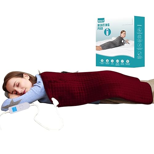 Ruqiji 17''x33'' XXXL King Size Heating Pad with Fast-Heating Technology&10 Temperature Settings, Flannel Electric Heating Pad/Pain Relief for Back/Neck/Shoulders/Menstrual Pain/Leg Cramp (Red) - Red - 17''x33''