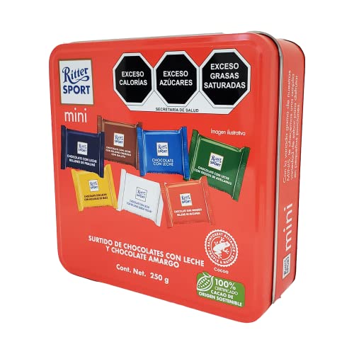 Ritter SPORT Lata de Chocolate mini Ritter 250 Grs. 15 piezas surtidas de chocolate con leche y amargo !Un regalo irresistible!
