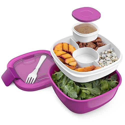 Bentgo Salad Container - 54 oz Bowl with 4-Compartment Toppings Tray, Leak-Proof Dressing Container, Reusable Fork, BPA-Free Lunch Box for Meal Prep & Food Storage; Removable Bento Tray (Purple) - Purple