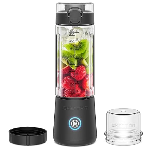 Chefman Cordless Portable Blender for Smoothies and Shakes, BPA-Free 16 oz Blending Jar w/Stainless-Steel Blades, USB-C Rechargeable with Color-Changing LEDs, Dishwasher-Safe Accessories - Black - Portable Blender
