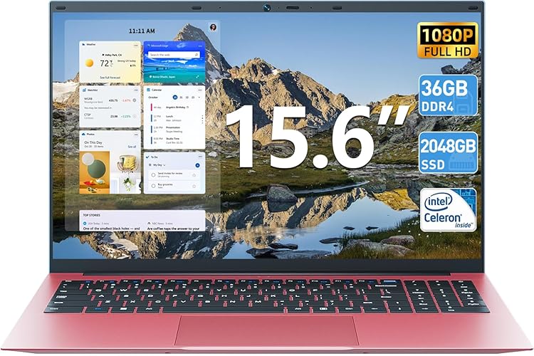 Naclud Laptop Computers, 36GB RAM 128GB EMMC+2048GB SSD, 15.6 Inch Laptops with Celeron N5095 Quad-Core(Up to 2.9GHz), 11 Home, Portable Notebook, WiFi 6, USB 3.2, HDMI, Type-C, 7000mAh Battery(Pink) - 36GB DDR4 2048GB SSD(Pink)