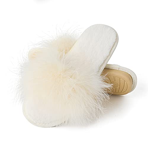 Fur Story Women's Furry Slippers Open Toe Fuzzy Slippers Memory Foam Fluffy House Slippers - 8.5-9 - Beige