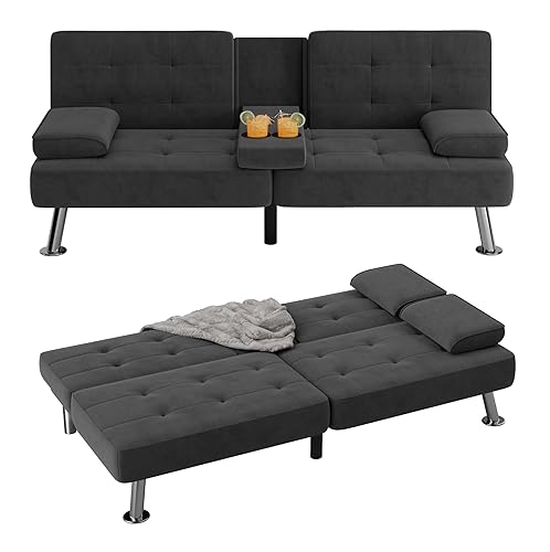 Flamaker Futon Sofa Bed Modern Folding Futon Set Linen Fabric Convertible Recliner Lounge for Living Room with 2 Cup Holders, Removable Armrests (Fabric, Black) - Black - Fabric