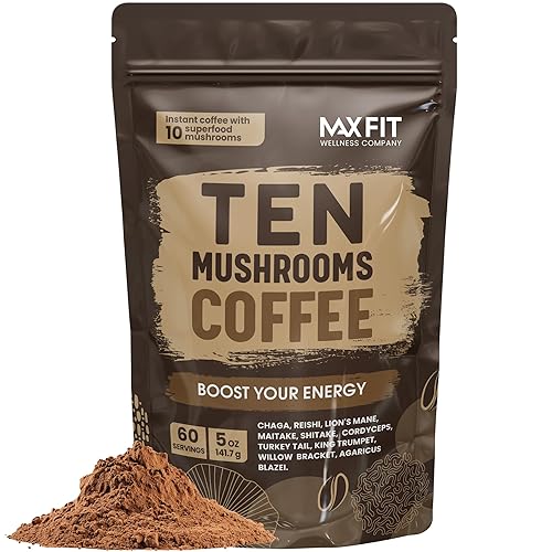 Mushroom Coffee Organic (60 Servings) 10 Mushrooms (Lion’s Mane, Cordyceps, Turkey Tail & Other) Mixed With Gourmet Arabica Instant Immune Boosting Coffee for Focus & Gut Health Support - Mushrooms Coffee