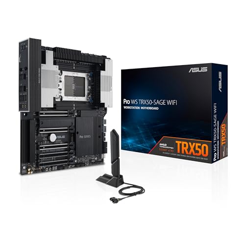 ASUS Pro WS TRX50-SAGE WIFI CEB Workstation motherboard, AMD Ryzen Threadripper PRO 7000 WX,ECC R-DIMM DDR5, 36 power-stage, WiFi 7,PCIe 5.0 x 16,PCIe 5.0 M.2, 10 Gb and 2.5 Gb LAN, multi-GPU support.