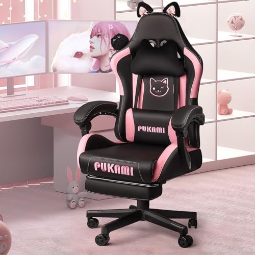 PUKAMI Gaming Chair with Cat Ears,Cute Computer Chair for Girl with Footrest,Ergonomic Gamer Chair, Kawaii Gaming Chair,Reclining Game Chair with Lumbar Support for Adult, Teen(Black) - Black
