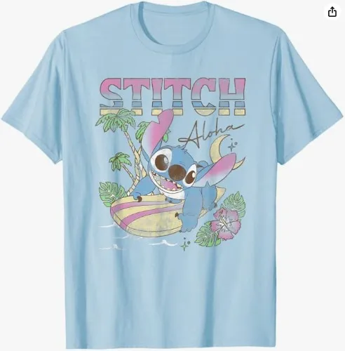 Disney Lilo & Stitch Aloha Tropic Surf Stitch T-Shirt - Men - Baby Blue - Medium
