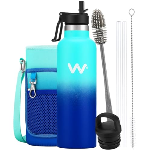 WEREWOLVES Insulated Water Bottle with Straw Lid & Handle Lid, Stainless Steel Water Bottle with Carrier Bag Holder, Reusable Vacuum Narrow Mouth Leak-Proof Bottle for Biking (Ocean, 24oz) - 24oz - Ocean