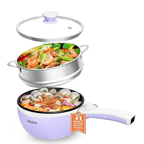 Dezin Hot Pot Electric with Steamer Upgraded, Non-Stick Sauté Pan, Rapid Noodles Electric Pot, 1.5L Mini Pot for Steak, Egg, Fried Rice, Ramen, Oatmeal, Soup with Power Adjustment - 1.5L - Purple 2