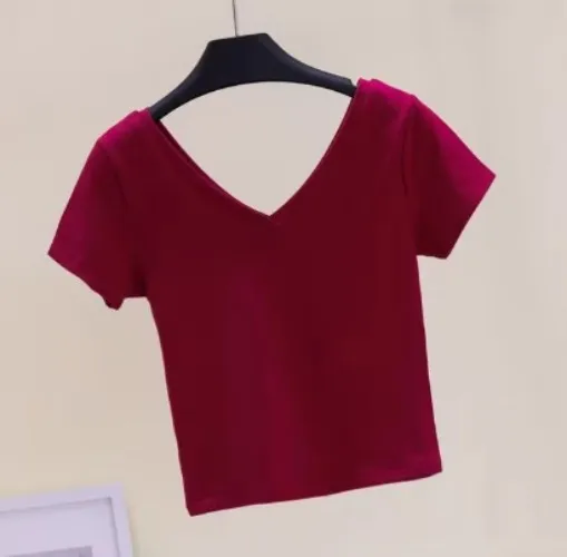 Wine Red V Neck Short Sleeve