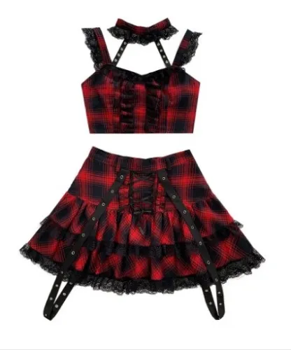 Punk Red Plaid Dress Set