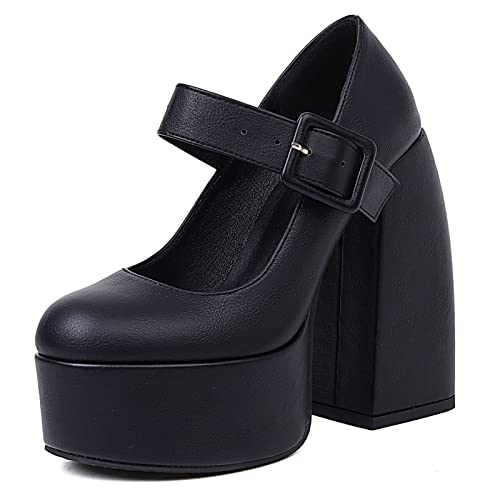 VOMIRA Women's Platform Mary Janes Chunky High Heels Round Toe Ankle Buckle Strap Platform Pumps Fashion Dressy Shoes - 7 - 1black