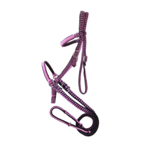 pink braided nylon bitless bridle with reins