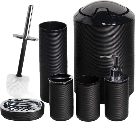 CERBIOR Bathroom Accessories Set 6 Piece Bath Ensemble Includes Soap Dispenser, Toothbrush Holder, Toothbrush Cup, Soap Dish for Decorative Countertop and Housewarming Gift, Black - Black