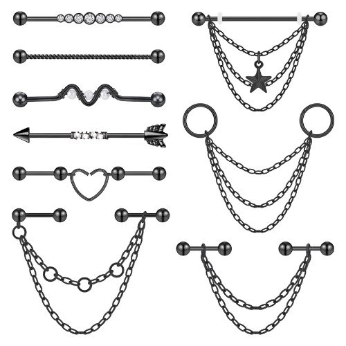 Longbeauty 14G Industrial Barbell Earrings with Chain Surgical Steel Dangle Industrial Bar Piercing Jewelry Cartilage Helix Industrial Earrings for Women Men - Style-6: 9Pcs