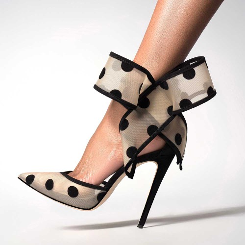 Black & Beige Mesh Polka Dot Bow Heeled Sandals with Ankle Strap
