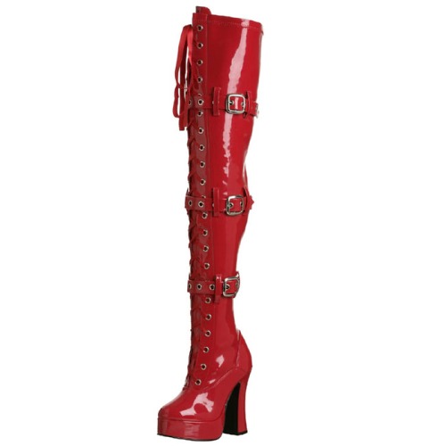 Red Patent Leather Lace-Up Buckle Thigh High Boots with Chunky Heels