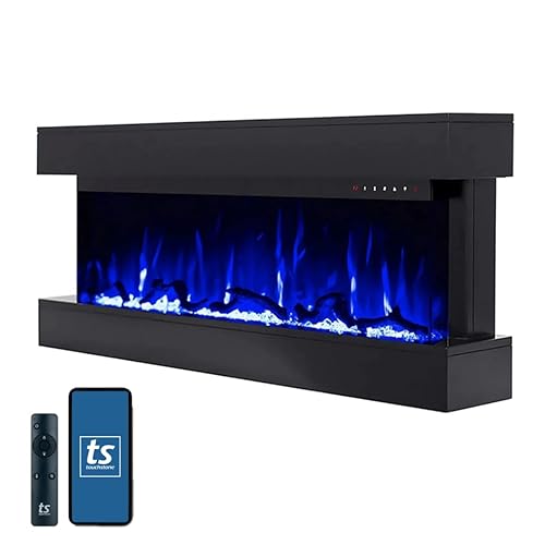 Touchstone Chesmont Smart Electric Fireplace- Wall Hanging Fireplace with 50-inch Wide Black Mantle- Alexa®/WiFi Enabled-10 Color-1500/750 Watt Heater with Thermostat- Crystals & Driftwood-Model 80034 - Black