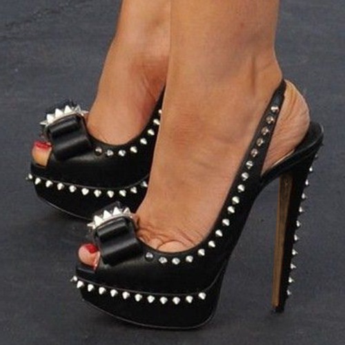 Black Peep Toe Studded Stiletto Heel Slingback Pumps with Platform