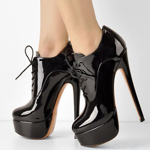 Black Patent Leather Platform Booties Stiletto Heel Lace-Up Shoes