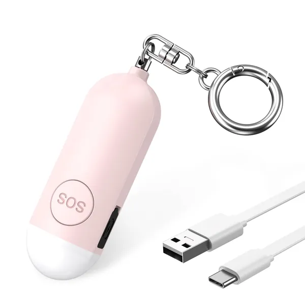 OQIMAX Självförsvar för kvinnor, personligt larm med stroboskop, LED-blixtljussignal, 130 dB siren, USB-uppladdningsbar larmnyckelring, larmlarm för kvinnorarn/seniorer – rosa