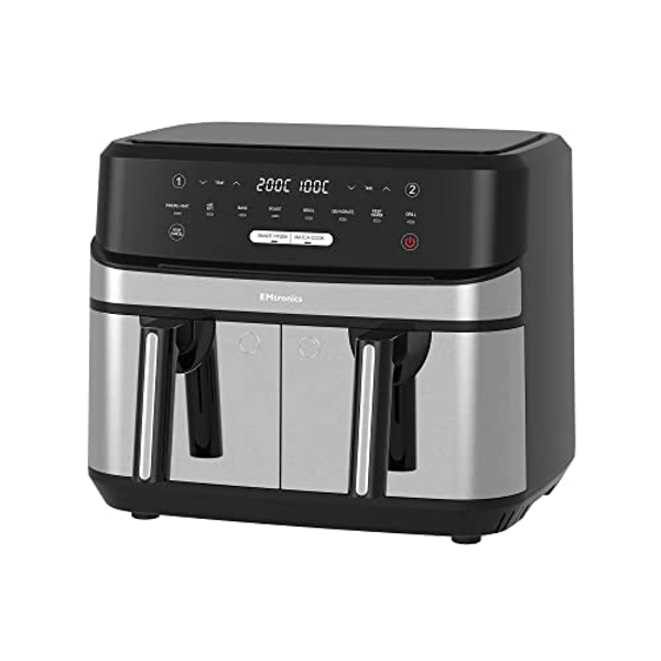 EMtronics EMDAF9LD+ Dual Air Fryer Extra Large Family Size Double XL 9 Litre with 8 Adjustable Pre-Set Menus for Oil Free & Low Fat Healthy Cooking, 99-Minute Timer - Black