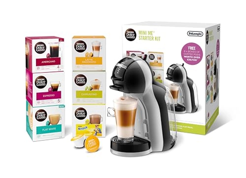 De'Longhi Nescafé Dolce Gusto Mini Me, Single Serve Capsule Coffee Machine Starter Kit, Including 6 boxes of Coffee Pods, EDG155.BG, 230 Milliliters, Black & Grey