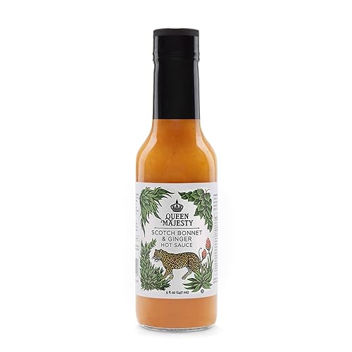 Queen Majesty Scotch Bonnet & Ginger Hot Sauce, 5 oz - All Natural Scotch Bonnet, Habanero, & Ginger Condiment - Vegan, Kosher, Gluten Free, non GMO, No Sugar, Award Winning & Featured on Hot Ones - Scotch Bonnet & Ginger - 5 Fl Oz (Pack of 1)