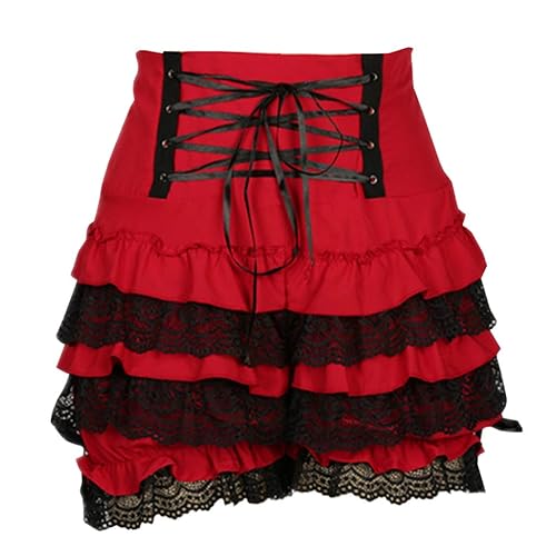 Women's Cute Gothic Steampunk Lolita Maid Ruffle Lace Pumpkin Cosplay Bloomers Shorts - XX-Large - Red