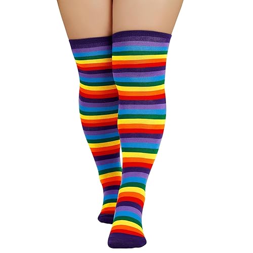 Century Star Plus Size Thigh High Socks for Women Extra Long Over the Knee High Socks Strips Stocking Leg Warmers Boot Socks - One Size Plus - Purple Rainbow Strips