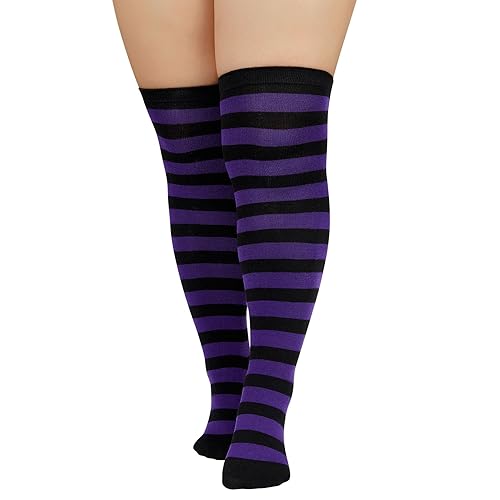 Century Star Plus Size Thigh High Socks for Women Extra Long Over the Knee High Socks Strips Stocking Leg Warmers Boot Socks - One Size Plus - Purple Black