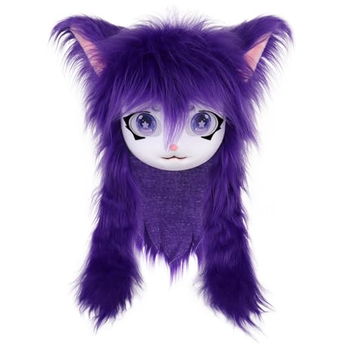 SMILETERNIT Animal Head Cat Fursuit Cut Mask Halloween Masquerade Cosplay Costume Props - Purple